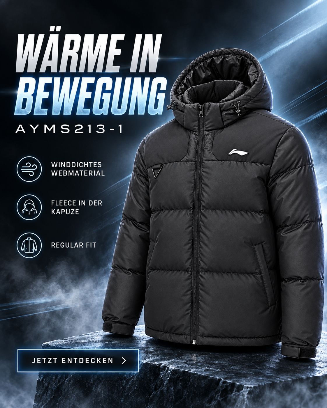 Herren Outdoor Daunenjacke schwarz mit Kapuze- AYMS213-1 3XL = XXL EU