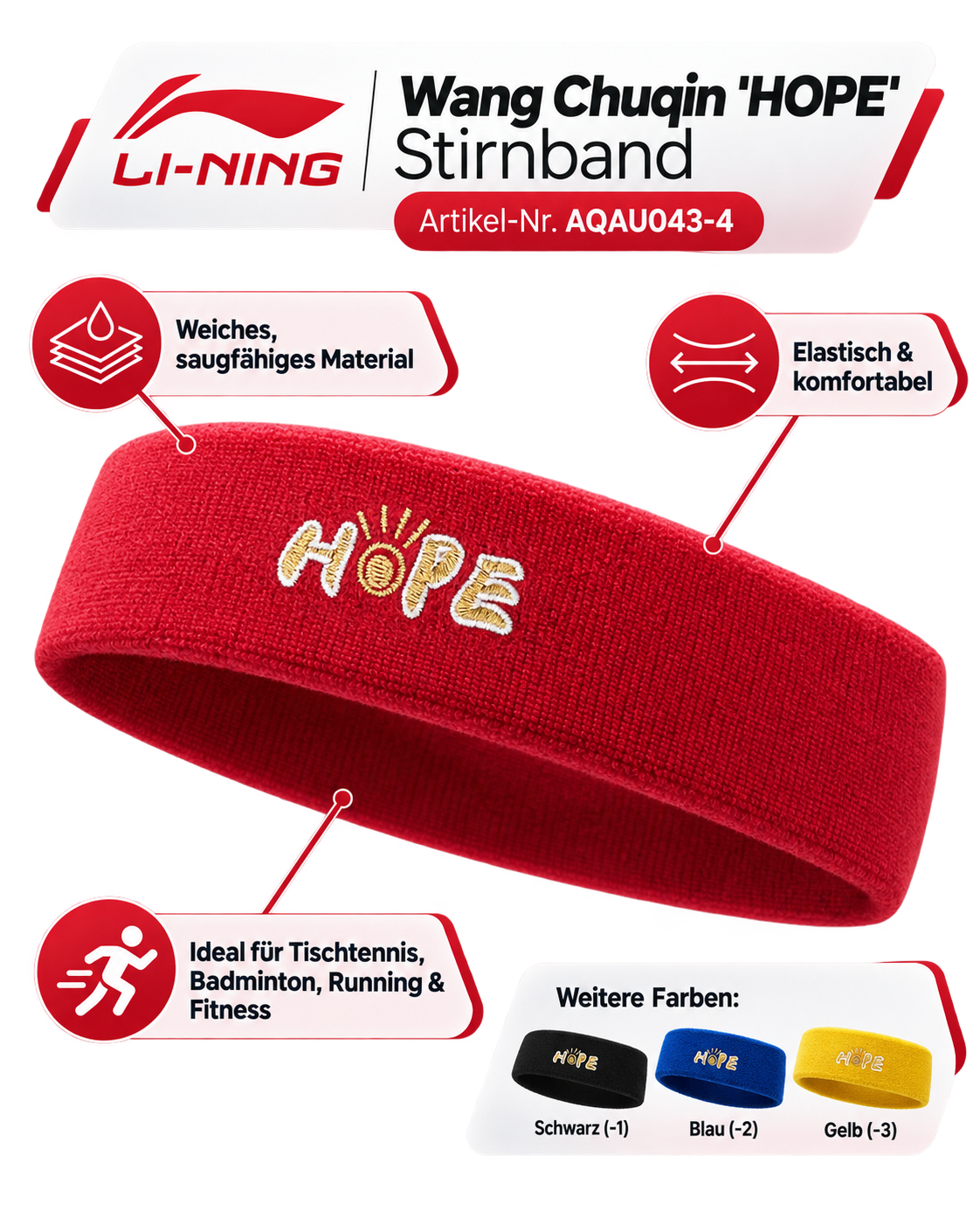 Wang Chuqin 'Hope' Headband - red - AQAU043-4